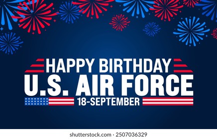 US Air Force birthday background or banner design template with usa flag and fireworks. Holiday concept. Template for background, banner, card, poster, placard, design template with unique shapes.