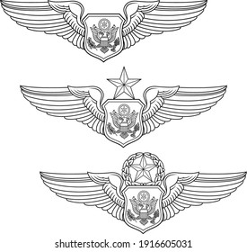 U.S. Air Force Nonrated Officer Aircrew Set is an illustration that includes the basic, senior and master Nonrated Officer Aircrew Wings. This complete set is used for the United States Air Force.