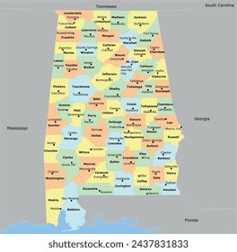 US Mapa del estado de Alabama con 67 condados