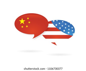 US America And China Flags On Glossy Speech Bubble. USA And China Trade Relations, Cooperation Strategy. Vector Illustration