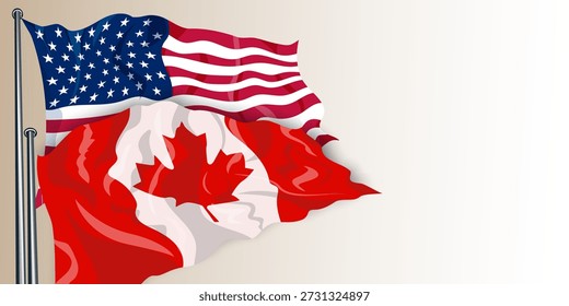 Anuncio de banderas de Estados Unidos y Canadá ondeando, fondo. Asociación, comercio, economía, relaciones fronterizas entre países