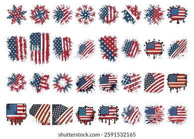 US american flag icons set, Grunge brush splash texture emblem different shapes logo