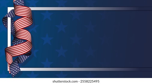 US American flag ribbon patriotic banner, background, web, greeting card, poster, holiday cover, label, flyer, layout. United States USA Patriotic Social media print for presentation, information