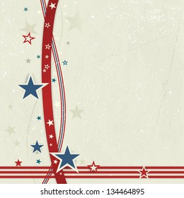 US American flag themed background, or card with wavy lines and stars in red and blue forming a patriotic border on a distressed, worn background.  Great for the 4th of July.