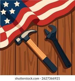 US American flag and work tools on a vintage wooden table an illustration