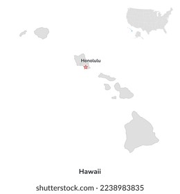 US American State of Hawaii. US-Bundesstaat Hawaiin Inseln Landkarte Umriss auf weißem Hintergrund.