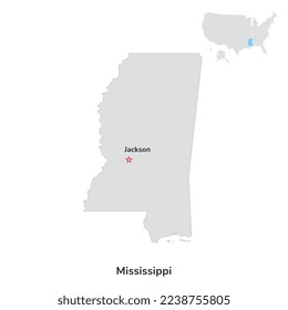 US American State of Mississippi. USA state of Mississippi county map outline on white background.