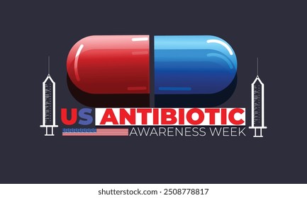 Semana de conscientização antibiótica dos EUA. fundo, faixa, cartão, cartaz, modelo. Ilustração vetorial.