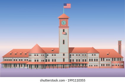 US Architecture vector illustration. Old station with a tower in Portland (Oregon)