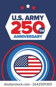 U.S. Army 250th birthday. Anniversary. United States Army Day in June. American military holiday. American flag. Patriotic design. Vector Illustration