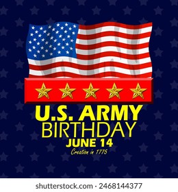 US Army Birthday event banner.  A flying American flag with five gold stars and bold text on dark blue background to commemorate on June 14th