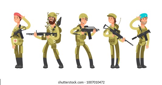 Us Army Cartoon Man And Woman Soldiers In Uniform. Military Concept Vector Illustration. American Soldier Profession, Officer And Recruit