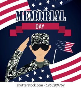 US army man with flags of United States. Memorial day poster - Vector illustration