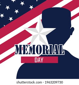 US army man silhouette over a flag of United States. Memorial day poster - Vector illustration
