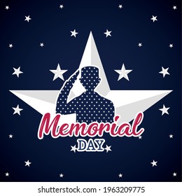 US army man silhouette over a star. Memorial day poster - Vector illustration