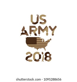 US Army original font inscription in camouflage with USA map. Flat vector illustration EPS10.