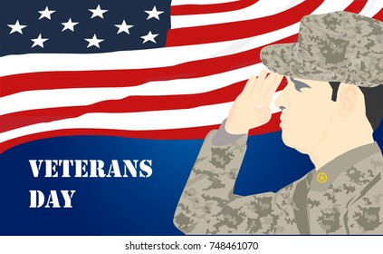 US Army soldier saluting on the veterans day celebration with flag of united state of america background, American traditional patriotic celebration.