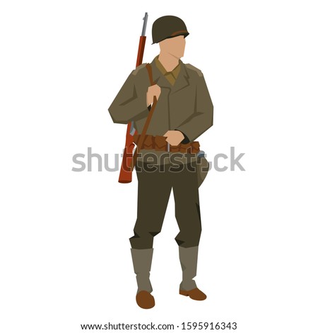 U.S. army soldier of world war II. Stands with a rifle behind his back. Guard. Sentry.