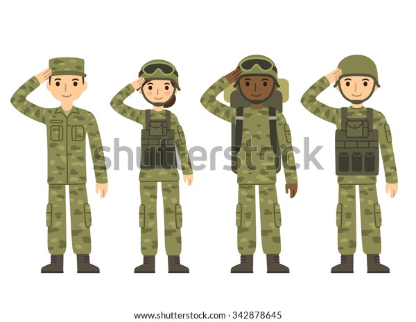 アメリカ軍の兵士 男性と女性 迷彩服を着た軍服敬礼 かわいい平らな漫画 分離型ベクターイラスト のベクター画像素材 ロイヤリティフリー