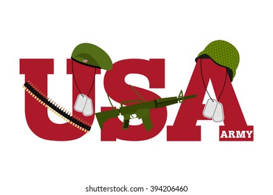 US Army. Symbol Americas Army. Logo For US Armed Forces. Soldiers Accessories. Green Beret And Helmet. Soldiers Badge. Military Rifle. Cartridge Belt Bandoleer. Patriotic Us Army Logo White Background