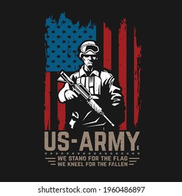US ARMY T SHIRT. UNITED STATES SOLDIER WITH WEAPON AND USA FLAG VECTOR EDITABLE LAYERS