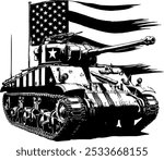 US Army tank with World War II flag vector. Black and white image on a transparent background.