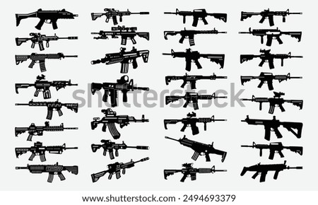 US Army Weapons, Guns Different Shapes Silhouette Set, Handmade Calligraphy Vector Illustration.