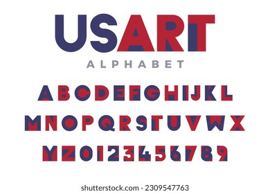 US Art vector alphabet typeface. Artistic and minimal designed old font in blue and red