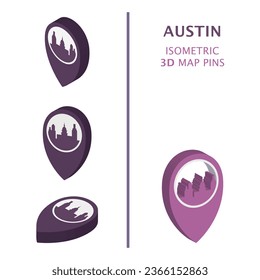 US Austin 3D vector logo set. USA, United States of America Texas state. Isometric map pin, geolocation pointer, modern skyline icon, concept, isolated graphic