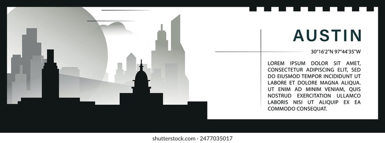 US Austin skyline vector banner, black and white minimalistic cityscape silhouette. USA Texas state horizontal graphic, travel infographic, monochrome layout for website