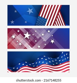 US background with red blue white flag decoration, can be us for Presidents Day Sale banner, Independence Day, Veteran day. Concept template for web sites, header. Vector illustration