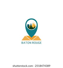 US Baton Rouge city map pin point geolocation modern skyline vector logo icon isolated illustration. USA Louisiana state pointer emblem with landmarks and building silhouettes