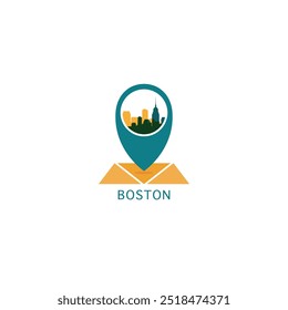 US Boston city map pin point geolocation modern skyline vector logo icon isolated illustration. USA Massachusetts state pointer emblem with landmarks and building silhouettes