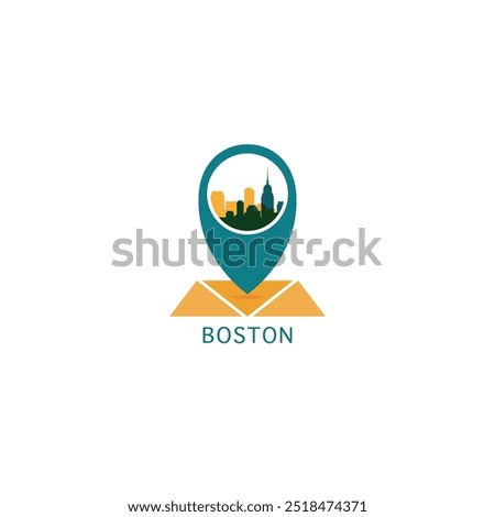 US Boston city map pin point geolocation modern skyline vector logo icon isolated illustration. USA Massachusetts state pointer emblem with landmarks and building silhouettes