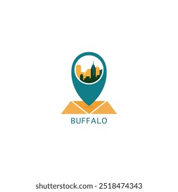 US Buffalo city map pin point geolocation modern skyline vector logo icon isolated illustration. USA New York State pointer emblem with landmarks and building silhouettes