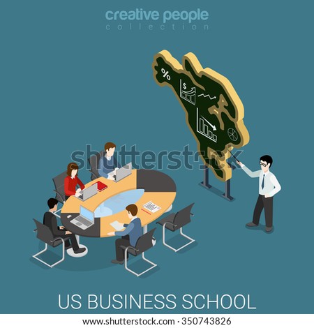 US business school flat 3d isometric education course concept web vector illustration. Lecture class coach before USA map shaped blackboard. Creative people collection.