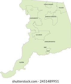 US California State Sacramento County Map with City Boundaries and Unincorporated Area