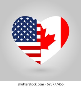 US and Canada flags icon in the heart shape. American and Canadian friendship symbol. Vector illustration.