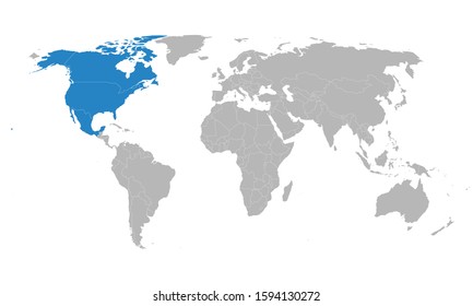 US canada mexico trade map highlighted blue on world map. Light gray background Perfect for backgrounds, business concepts, backdrop, banner, chart, sticker, label etc.