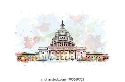 US Capitol Building In Autumn - Washington DC United States. Watercolor Splash With Sketch Illustration In Vector.