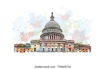 US Capitol Building in Autumn - Washington DC United States. Watercolor splash with sketch illustration in vector.