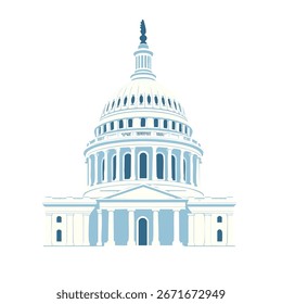 US Capitol Building dome, clean vector art, two-color palette of off-white and pale sky blue, simple and iconic architectural shape, isolated on on a solid white background