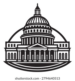 US Capitol building illustration in black and white with dome and columns American government and politics symbol