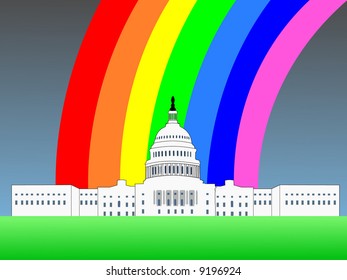 US capitol building Washington DC with colourful rainbow illustration