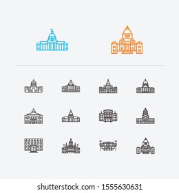 Us capitols icons set. Alabama state capitol and us capitols icons with north carolina state capitol, house and alaska state capitol. Set of hawAI for web app logo UI design.