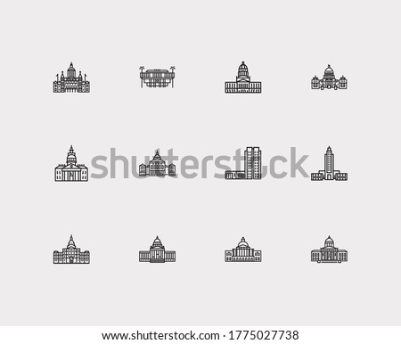 Us capitols icons set. Connecticut state capitol and us capitols icons with vermont state capitol, louisiana state capitol and north dakota state capitol. Set of gothic for web app logo UI design.