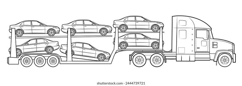 US cars carrier truck illustration - black and white vector stock illustration