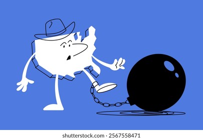 US character trying to get rid of a weight tied to his leg. Metaphor of the US government debt.  Living on credit. How to save money. Economic crisis, recession. Vector doodle illustration.
