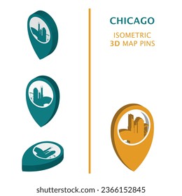 US Chicago 3D vector logo set. USA, United States of America Illinois state. Isometric map pin, geolocation pointer, modern skyline icon, concept, isolated graphic