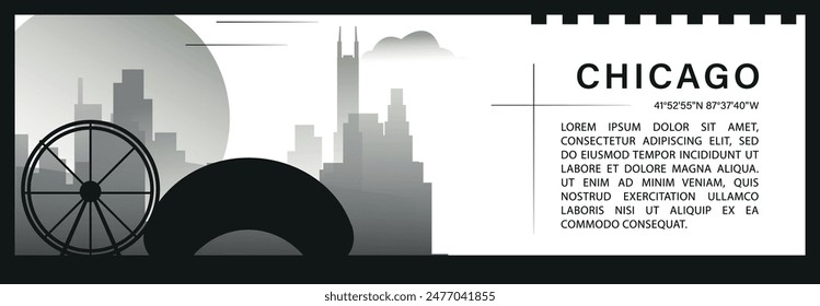 US Chicago skyline vector banner, black and white minimalistic cityscape silhouette. USA Illinois state horizontal graphic, travel infographic, monochrome layout for website